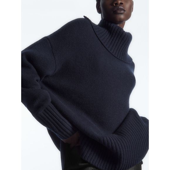 COS Navy Blue funnel Turtleneck oversized cashmere Sweater - Picture 1 of 4